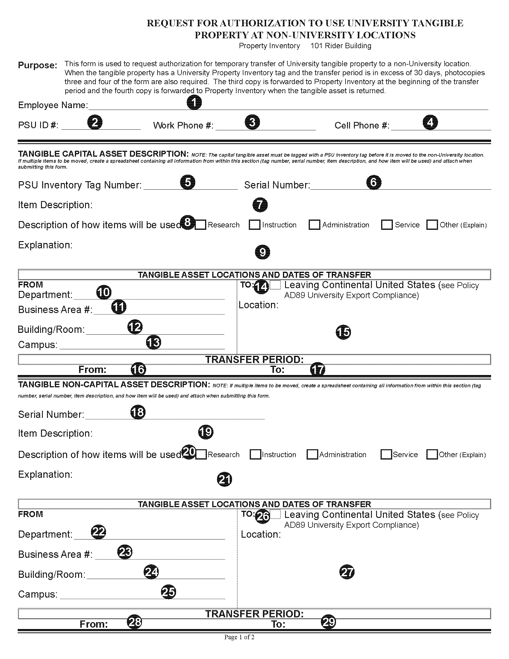 Image of Request for Authorization to Use University Tangible Property at Non-University Locations Form - Page 1